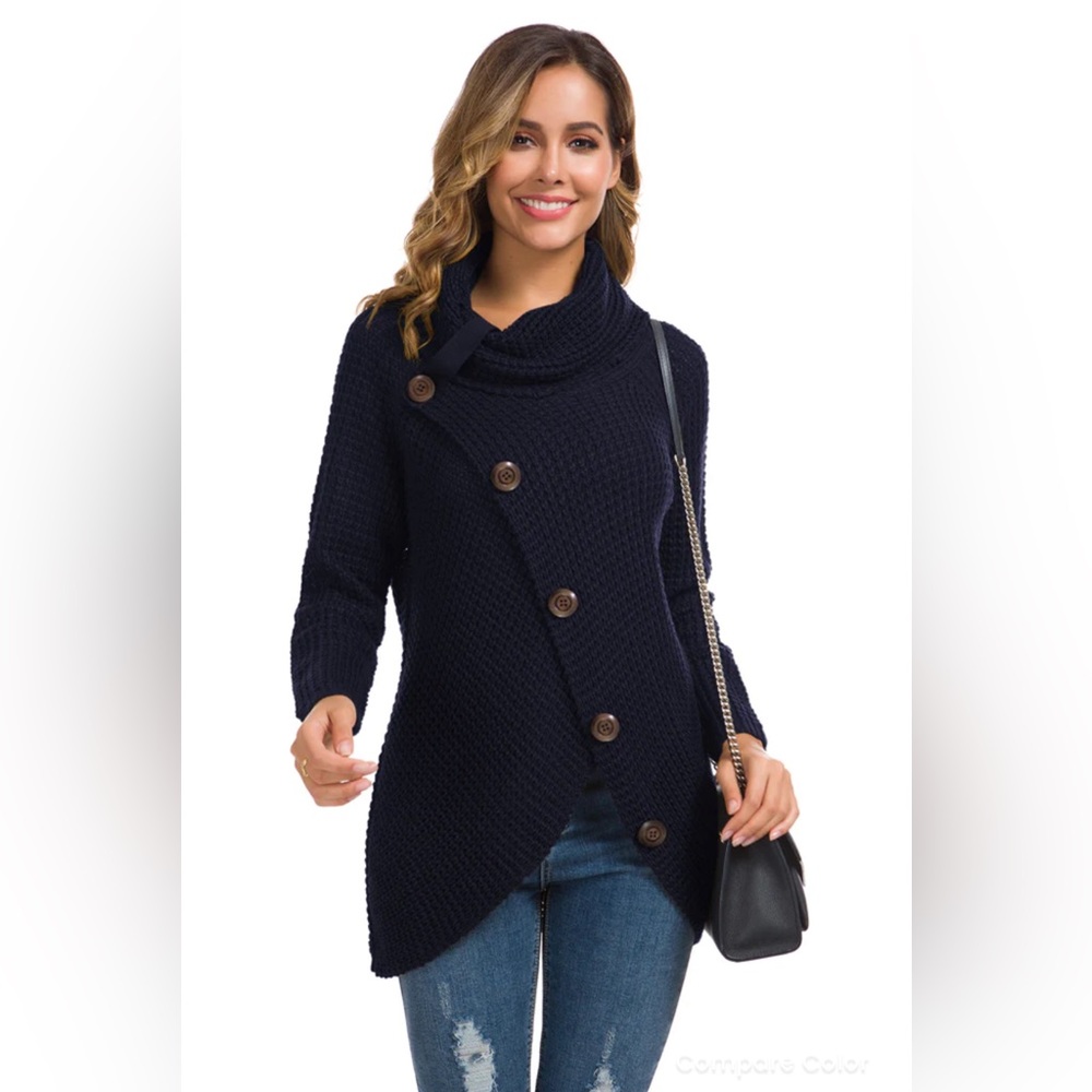 NWT! Womens Solid Chunky Button Pullover Sweater Turtle Cowl Neck Size M